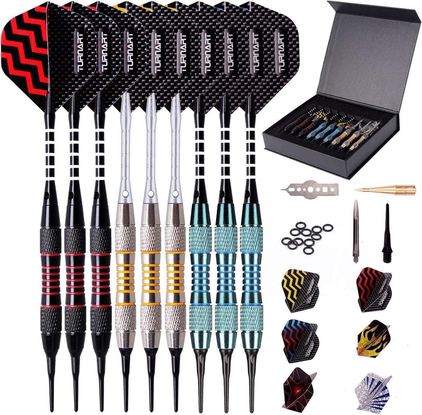 Darts Plastic Tip - Professional Soft Tip Darts Set for Electronic Dartboard 9 Pcs 18 Grams with 50 Extra Tips 9 Shafts 27 Flights Tool Kit Flight Protectors and Gift Darts Case