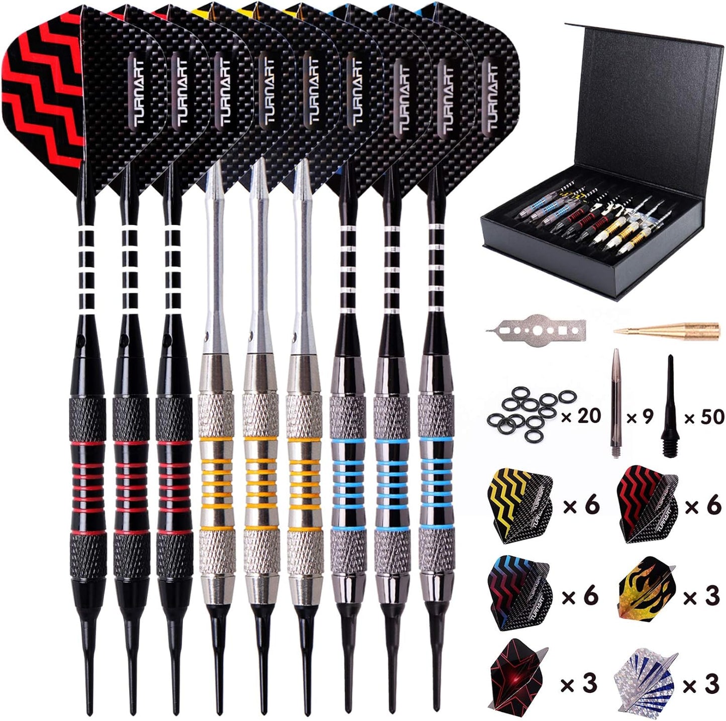 Darts Plastic Tip - Professional Soft Tip Darts Set for Electronic Dartboard 9 Pcs 18 Grams with 50 Extra Tips 9 Shafts 27 Flights Tool Kit Flight Protectors and Gift Darts Case